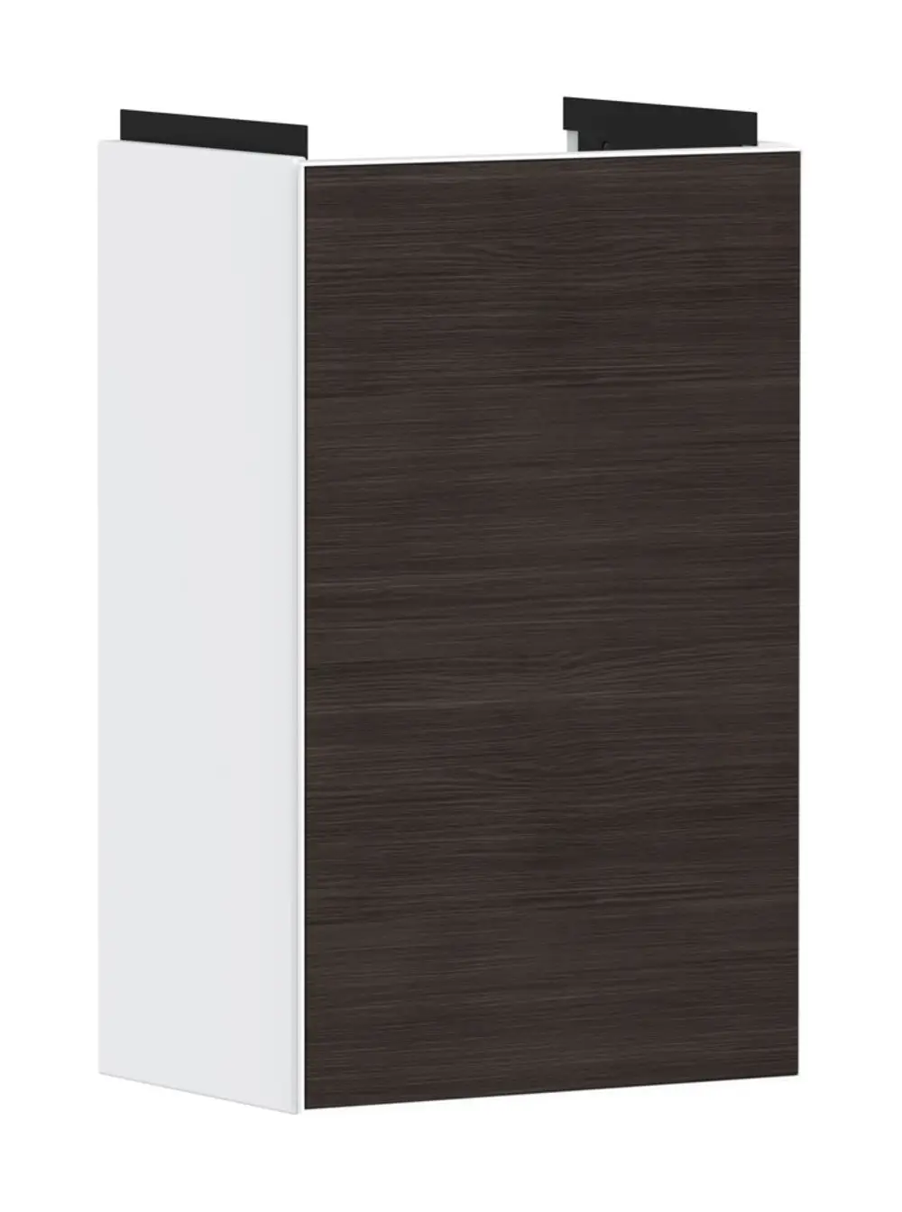 Waschtischunterschrank mit einer matten weißen Front und einer dunklen Holzoptik. Geeignet für Handwaschbecken. Türanschlag links. Marke Hansgrohe.